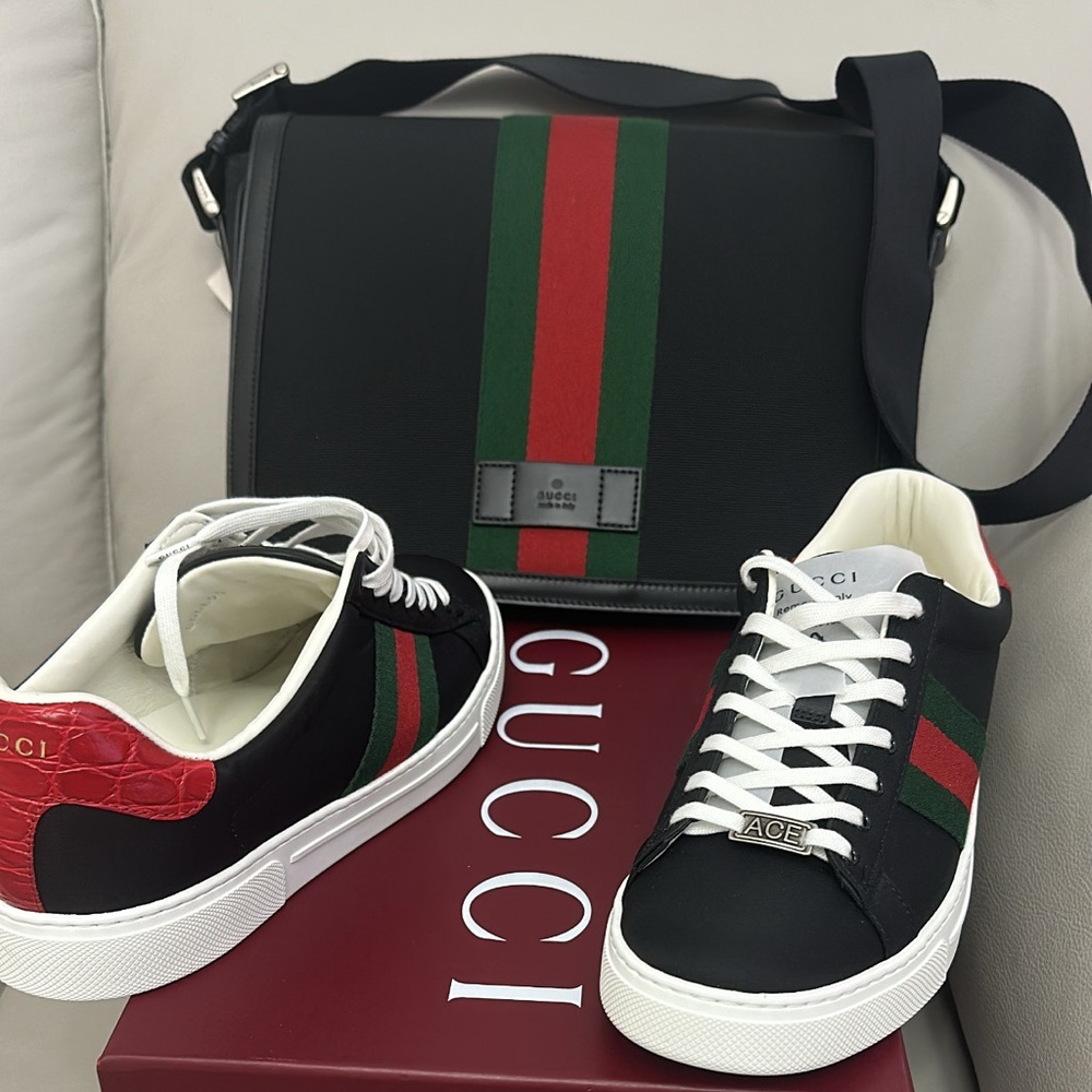 Gucci Men's Black and Red Messenger Bag &Gucci Men Gucci Sneakers Sizes 9 & 6.5